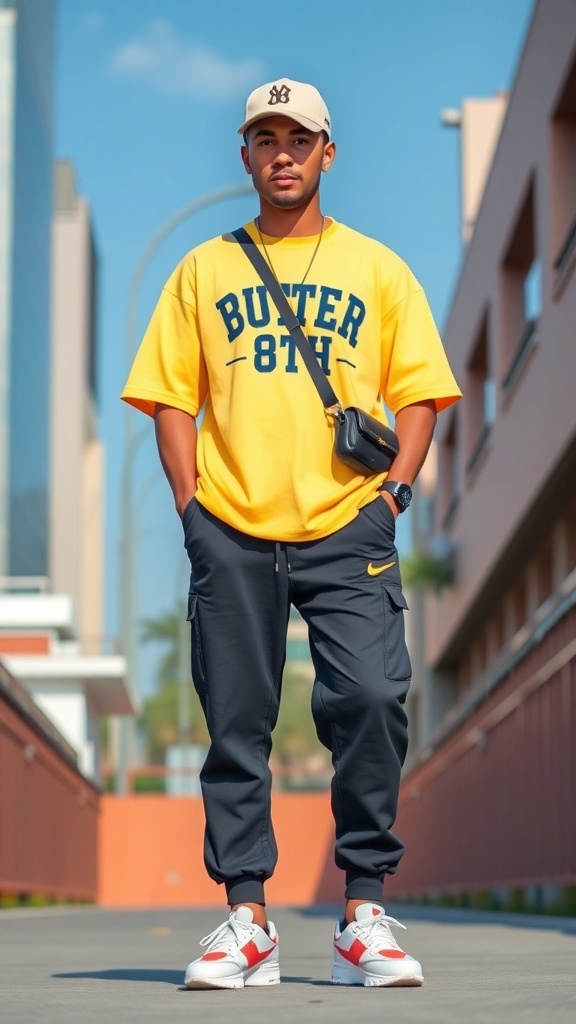 A trendy Butter 8th member outfit with a graphic t-shirt, joggers, and sneakers, accessorized with a cap and bag.